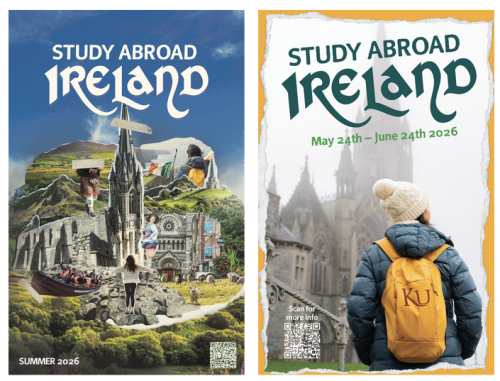 Study abroad Ireland program flyers showing scenic landscapes, historic architecture, and student with backpack for 2026